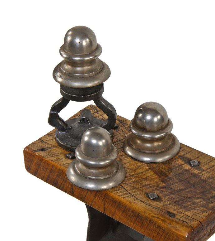 three matching original early 1920's oversized solid steel noel bank building vault door acorn-shaped finials with nickel-plated finish