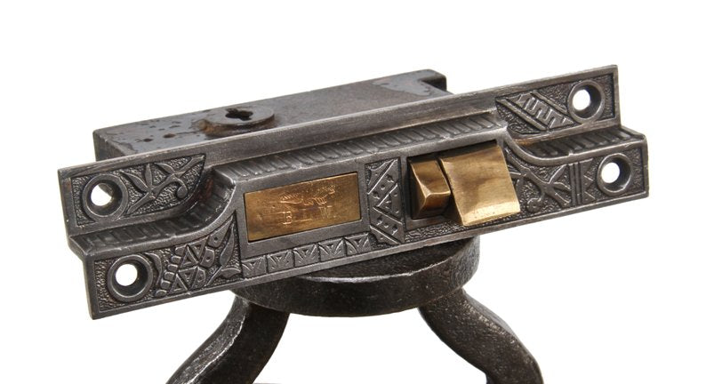 original and fully functional c. 1880's eastlake style commercial store door "bamboo" pattern thumblatch rabbeted mortise lock