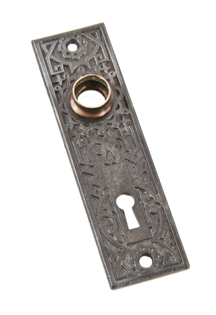 original late 19th century ornamental heavy gauge stamped steel passage door backplate with wrought brass collar or thimble