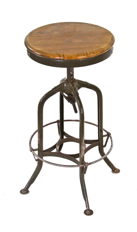 c. 1930's american antique industrial adjustable height "uhl art steel" toledo factory workbench stool with original olive green paint finish