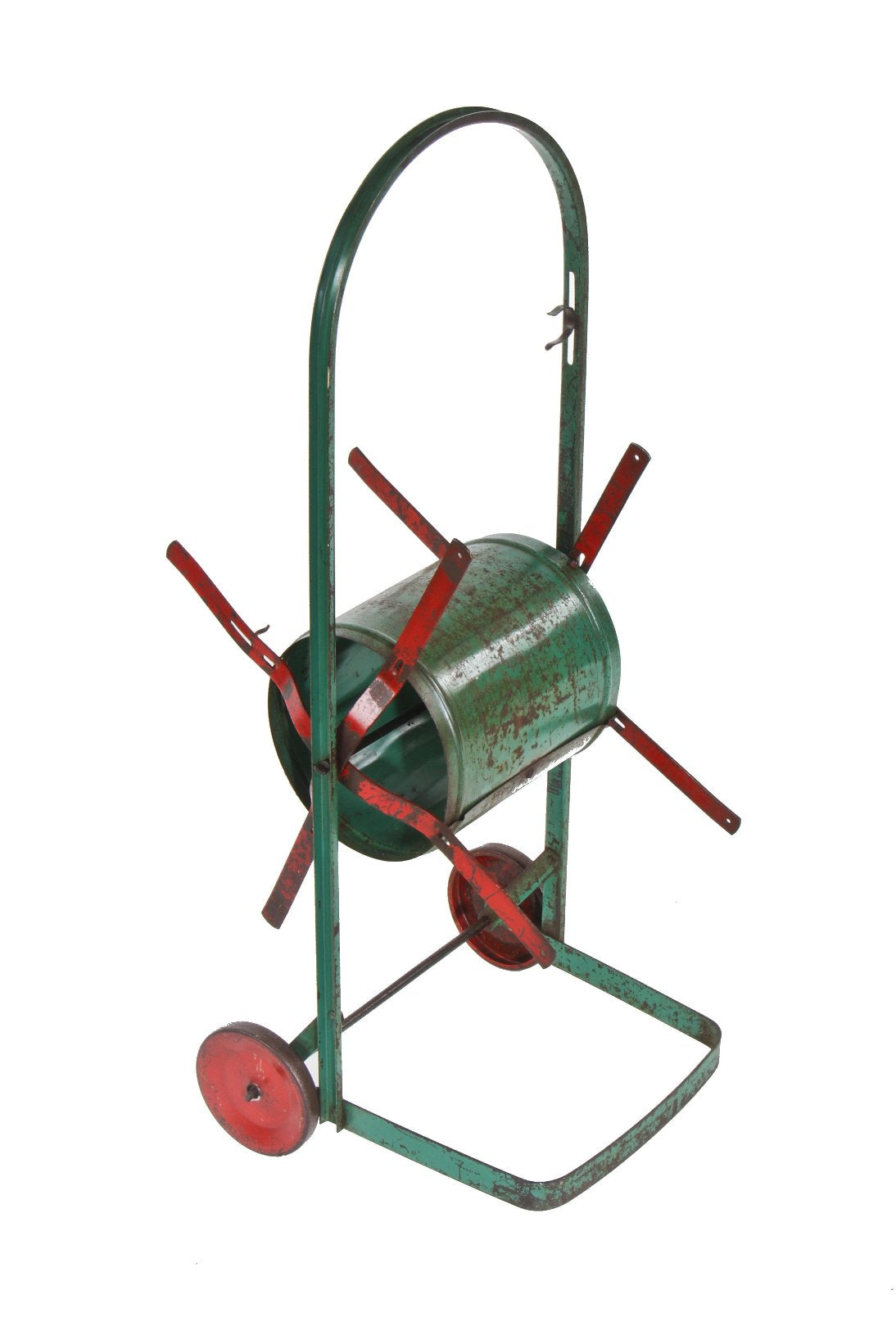 original and intact c. 1940's american vintage industrial painted steel winding water hose reel combined with mobile cart