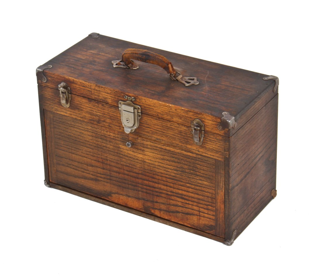 c. 1920's american antique largely intact industrial toolmaker or machinist solid oak wood gerstner chest with original clasps and corner guards