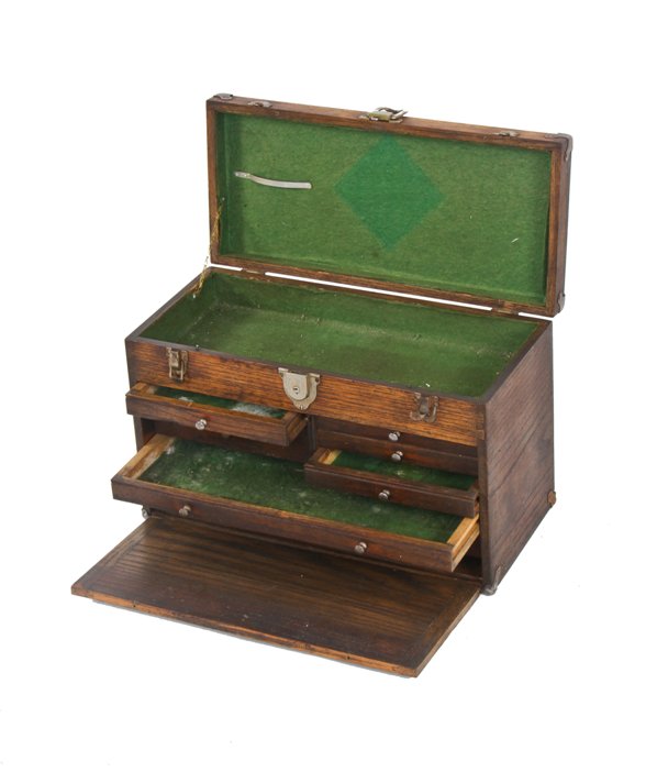c. 1920's american antique largely intact industrial toolmaker or machinist solid oak wood gerstner chest with original clasps and corner guards
