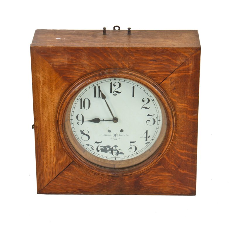 largely intact c. 1916-20 american antique industrial electric self-winding factory office wall clock with original quartered oak wood cabinet
