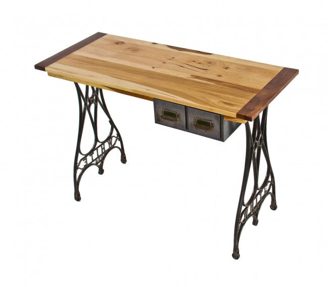 clean and compact repurposed antique american industrial "white" sewing machine desk with newly added refinished hickory wood tabletop