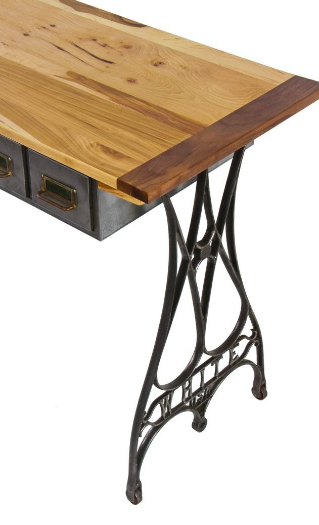 clean and compact repurposed antique american industrial "white" sewing machine desk with newly added refinished hickory wood tabletop