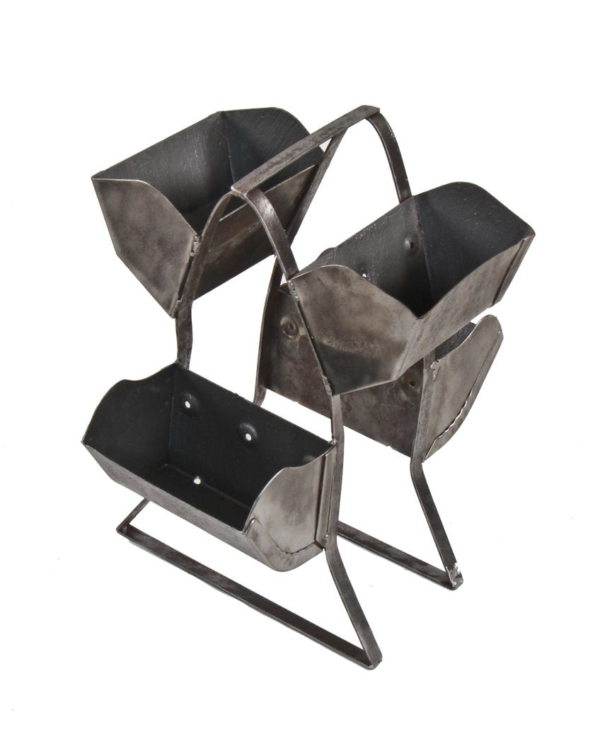 unique repurposed vintage american industrial pressed and folded steel freestanding hopper bin storage rack with brushed metal finish