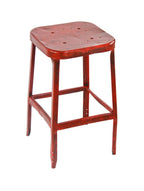 worn and weathered low-lying c. 1940's american industrial pressed and folded all-welded red painted steel four-legged factory stool