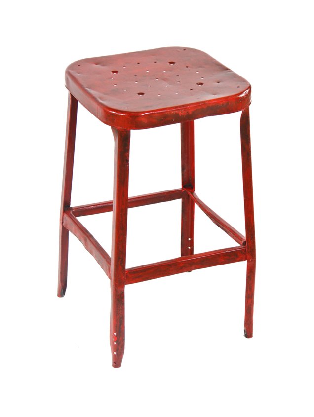 worn and weathered low-lying c. 1940's american industrial pressed and folded all-welded red painted steel four-legged factory stool