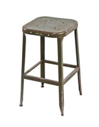 completely intact c. 1940's american vintage industrial four-legged pressed and folded low-lying factory stool with original olive green finish