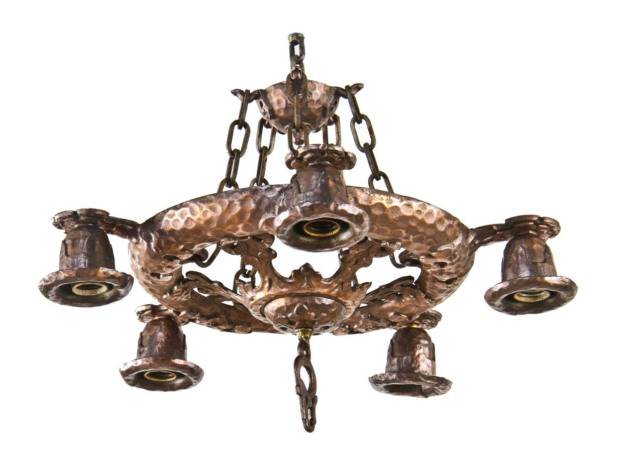 late 1920's original antique american craftsman style copper-plated cast iron five-light ceiling fixture with unique hammered finish