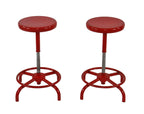 matching set of original fully adjustable cherry red enameled tubular steel four-legged stationary stools with revolving seats