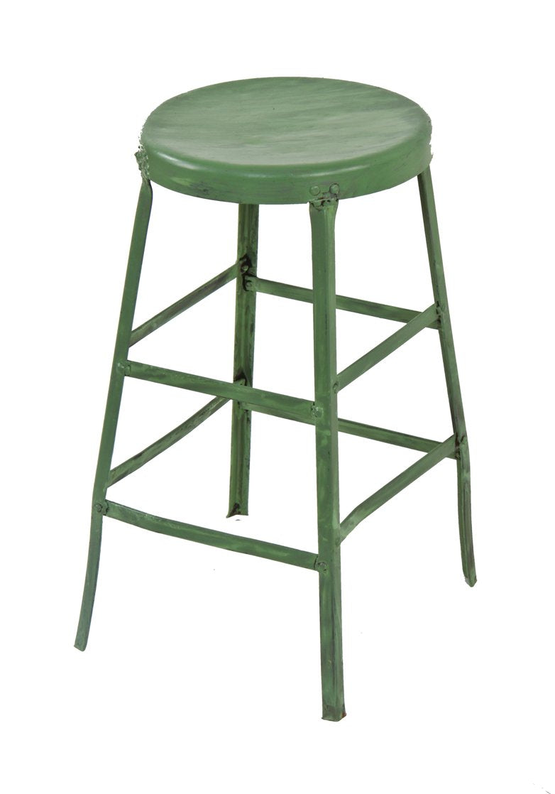 original late 1920's vintage american industrial "factory green" enameled riveted joint heavy gauge steel four-legged machinist stool