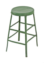 original late 1920's vintage american industrial "factory green" enameled riveted joint heavy gauge steel four-legged machinist stool