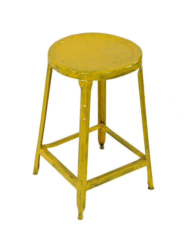 lightweight four-legged c. 1950's yellow enameled pressed and folded steel workbench stationary stool with welded joint channel brace footrest