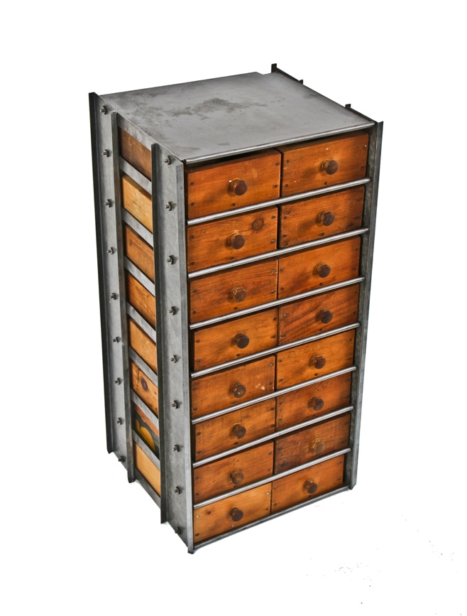 unusual c. 1930's vintage american industrial custom-built freestanding compartmentalized galvanized steel cabinet with wooden drawers