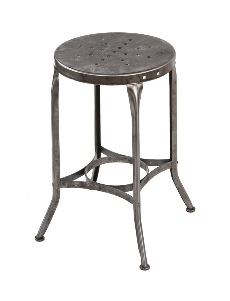 american antique industrial four-legged petite-sized backless factory workbench toledo stool with a sealed brushed metal finish