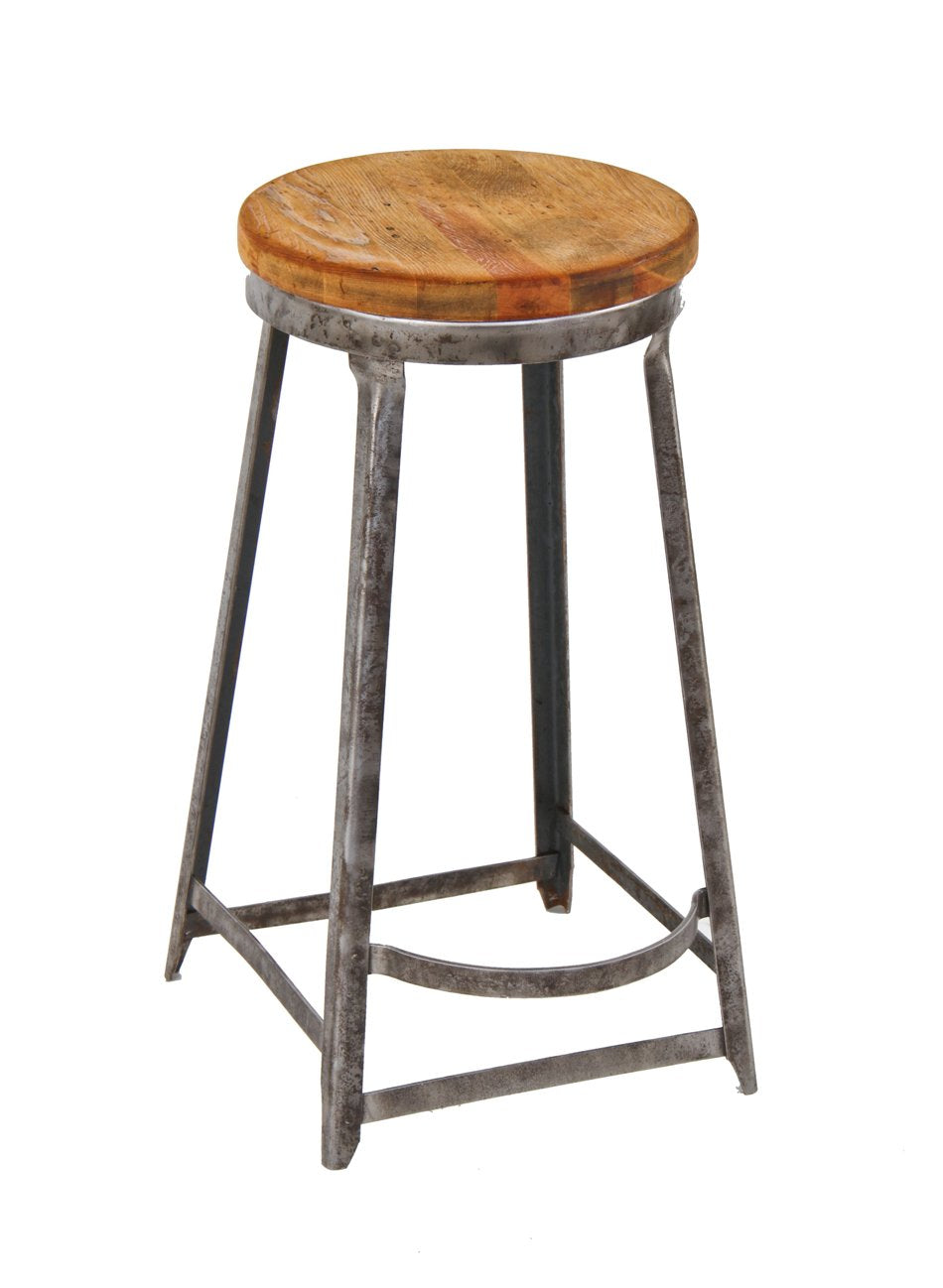 refurbished late 1920's antique american industrial all-welded joint four-legged factory stool with original solid maple wood circular-shaped seat