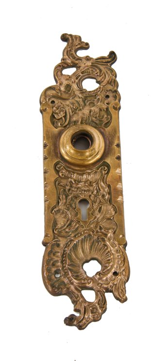 elaborately designed late 19th century ornamental cast bronze "belfort" pattern interior residential passage door backplate with nicely aged finish