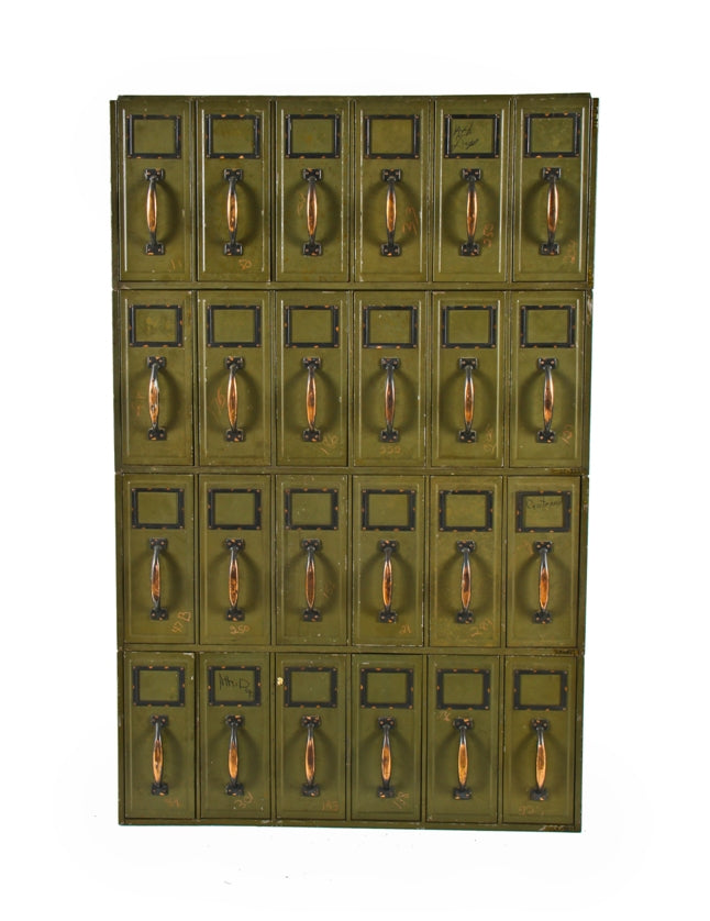 early 20th century chicago courthouse building four-unit stackable "fireproof" multi-drawer filing cabinet with original olive green enameled finish