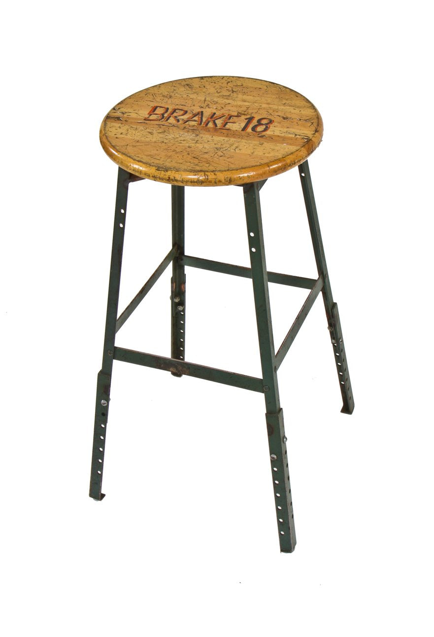 early 1950's vintage american industrial adjustable height "pollard green" enameled riveted joint angled iron factory stool with maple seat