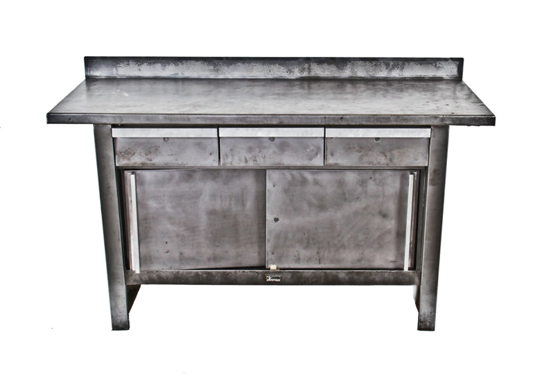 late 1950's original and intact heavy gauge steel chicago auto body repair and service station workbench with sliding doors and pull-out drawers