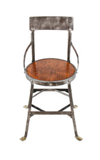 unusual c. 1911-15 original american antique industrial riveted and welded joint angled iron factory office side chair with flared feet