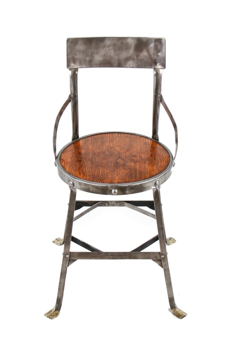 unusual c. 1911-15 original american antique industrial riveted and welded joint angled iron factory office side chair with flared feet