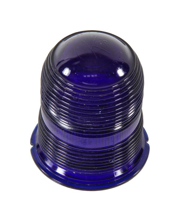 single vintage american industrial  cobalt blue fresnel glass dome-shaped "kopp" airport runway stake light globe with lightly embossed lettering