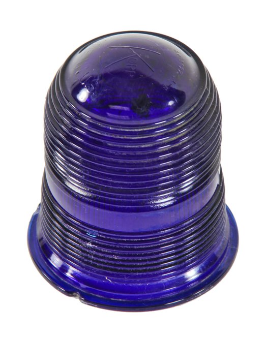 intact american vintage industrial airport runway stake light reinforced cobalt blue dome-shaped fresnel lens ground glass globe with bottom flange