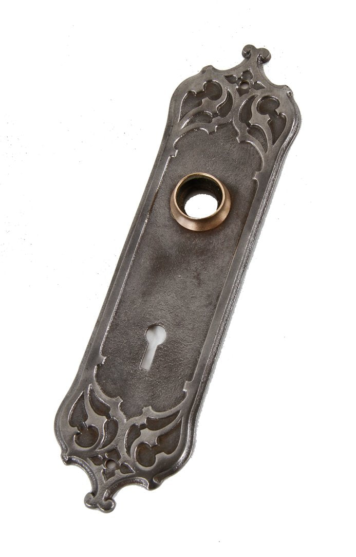 refinished late 19th or early 20th century antique american ornamental cast iron "westminster" pattern passage door backplate