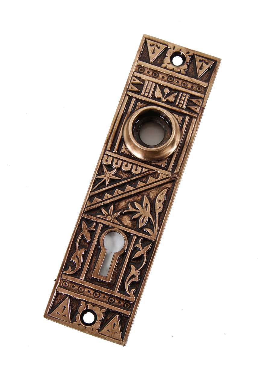 late 19th century antique american aesthetic movement ornamental cast brass interior residential doorknob backplate with oil-rubbed bronze inlay