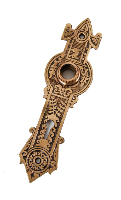 original decorative american 19th century cast bronze interior residential doorknob backplate with fluted thimble or collar