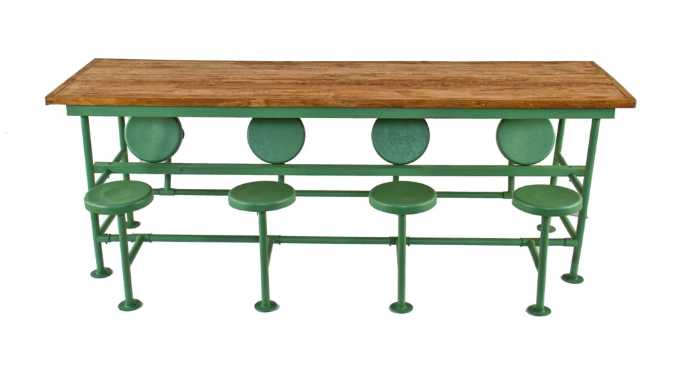 original c. 1919 american antique industrial wisconsin steel works factory lunch hall folding seat table with refinished maple wood top
