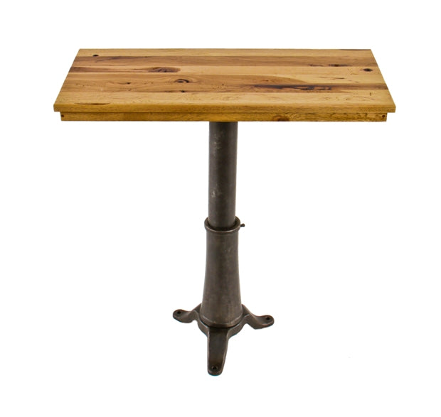 very clean and well-crafted american industrial stationary side table with repurposed three-legged cast iron telescoping magician's stand