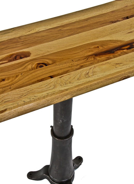 very clean and well-crafted american industrial stationary side table with repurposed three-legged cast iron telescoping magician's stand