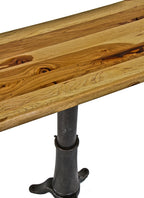 very clean and well-crafted american industrial stationary side table with repurposed three-legged cast iron telescoping magician's stand