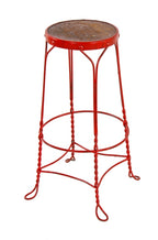 intact early 20th century american antique red enameled milled steel soda fountain or ice cream parlor fanciful twisted metal stool with hooped feet