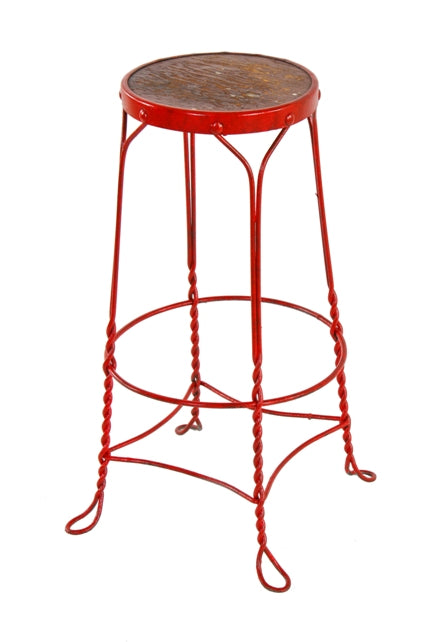 intact early 20th century american antique red enameled milled steel soda fountain or ice cream parlor fanciful twisted metal stool with hooped feet