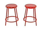 group of two matching late 1940's vintage american industrial bright red enameled pressed and folded steel four-legged stools