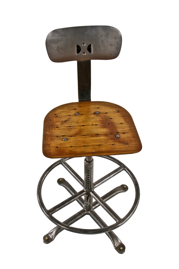 original c. 1940's vintage american industrial adjustable height drafting room four-legged tubular steel swivel seat stool with heel ring