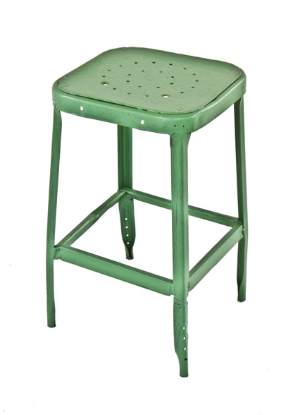 c. 1950's four-legged cold-rolled steel "factory green" enameled low-lying stationary factory workbench stool with footrest