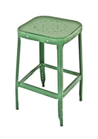 c. 1950's four-legged cold-rolled steel "factory green" enameled low-lying stationary factory workbench stool with footrest