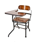 original late 1930's unusual antique amrican industrial institutional varnished birch wood desk with armrest and perforated seat