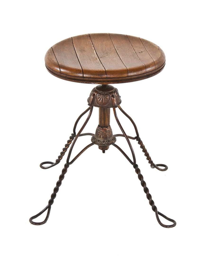 late 19th century antique american victorian era stationary twisted steel organist's four-legged stool with oxidized copper-plated finish