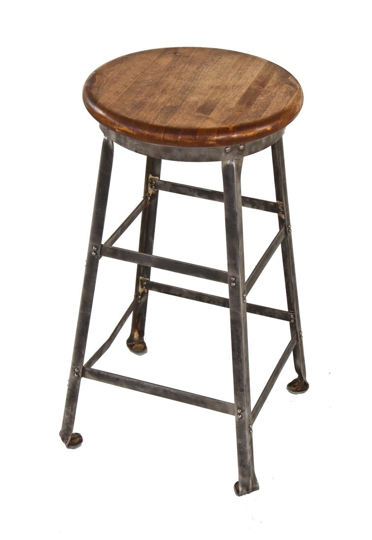 refinished c. 1930's vintage american industrial "otsteel" riveted and welded joint four-legged stationary stool with solid maple wood seat