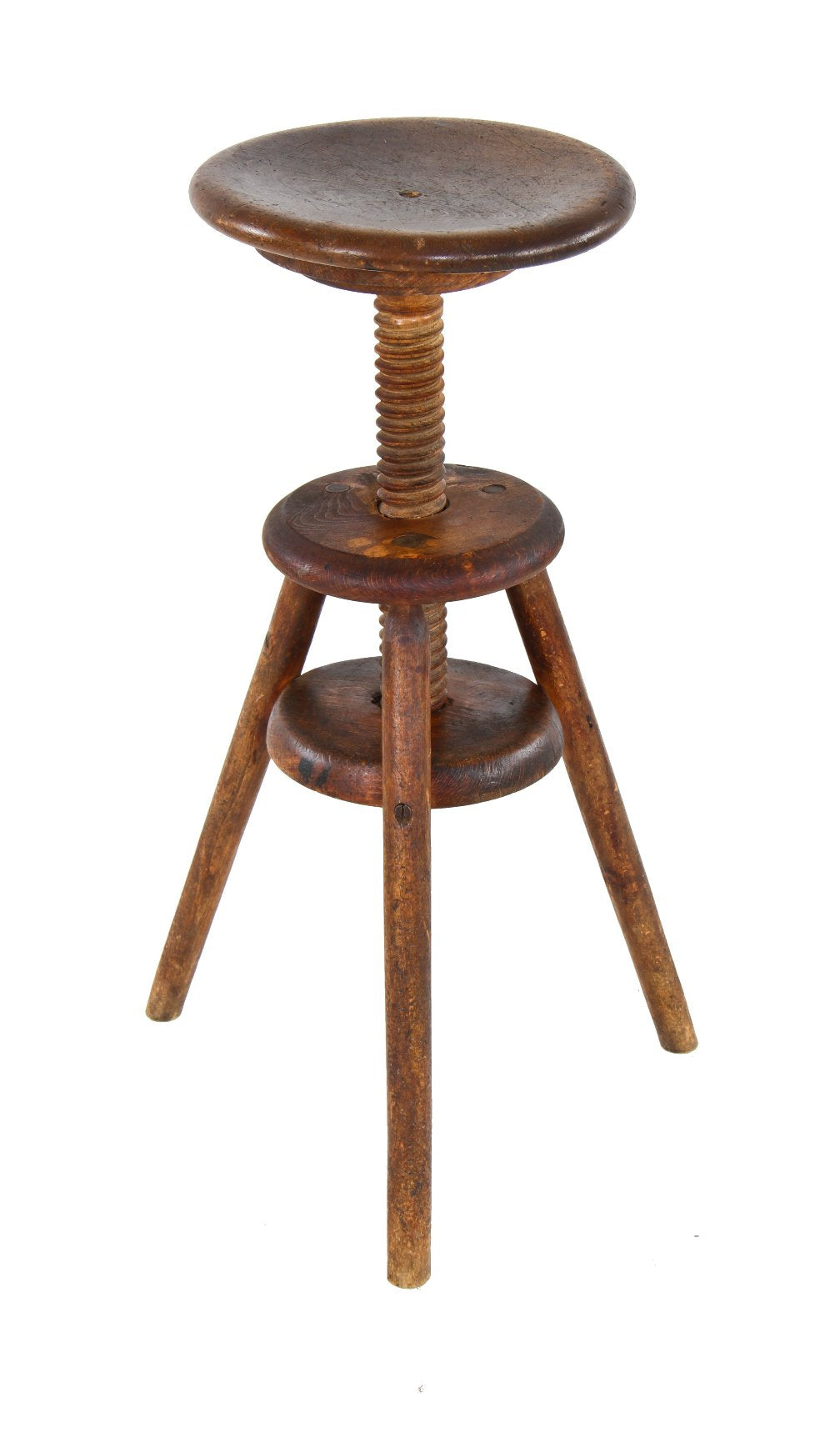 fully adjustable early 20th century antique american industrial three-legged birch wood stationary stool with adjustable swivel seat