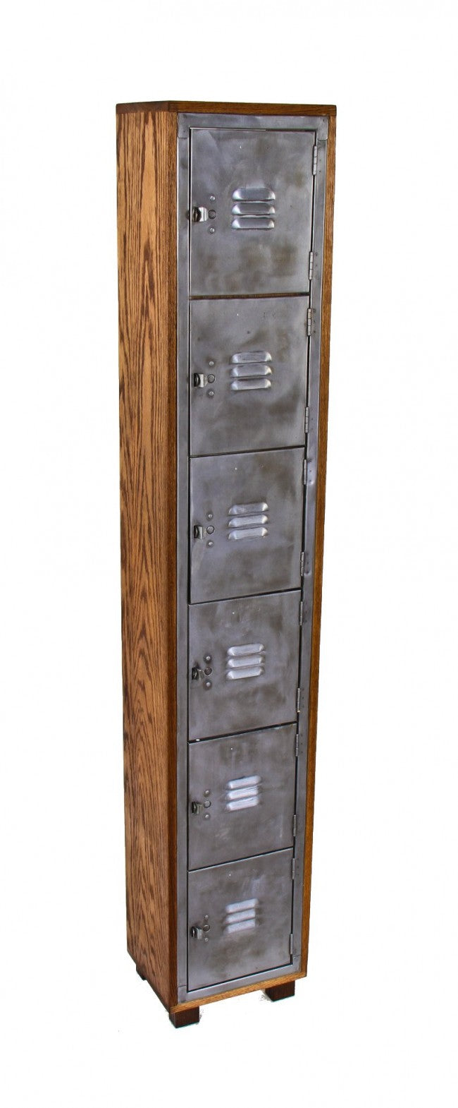 repurposed vintage american industrial cold-rolled heavy gauge steel compartmentalized freestanding locker with newly added oak wood cabinet