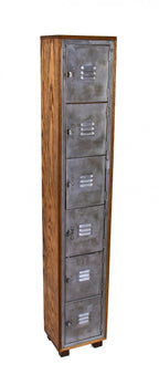repurposed vintage american industrial cold-rolled heavy gauge steel compartmentalized freestanding locker with newly added oak wood cabinet