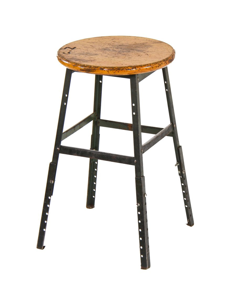 fully adjustable late 1940's vintage american industrial olive green enameled angled steel factory stool with original solid maple wood seat